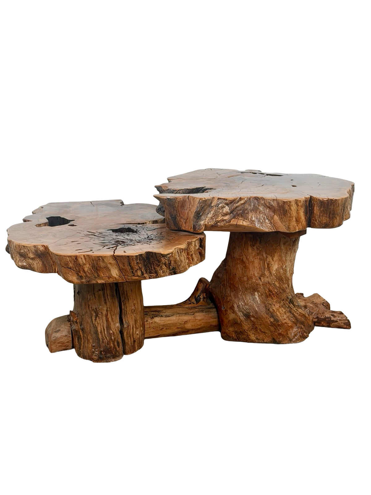 Vintage Two-Tier Live Edge Wood Coffee Table with Sculptural Trunk Base