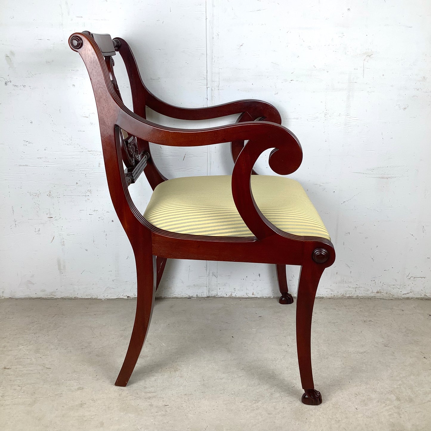 Elegant Vintage Lyre-Back Mahogany Accent Chair With Upholstered Seat
