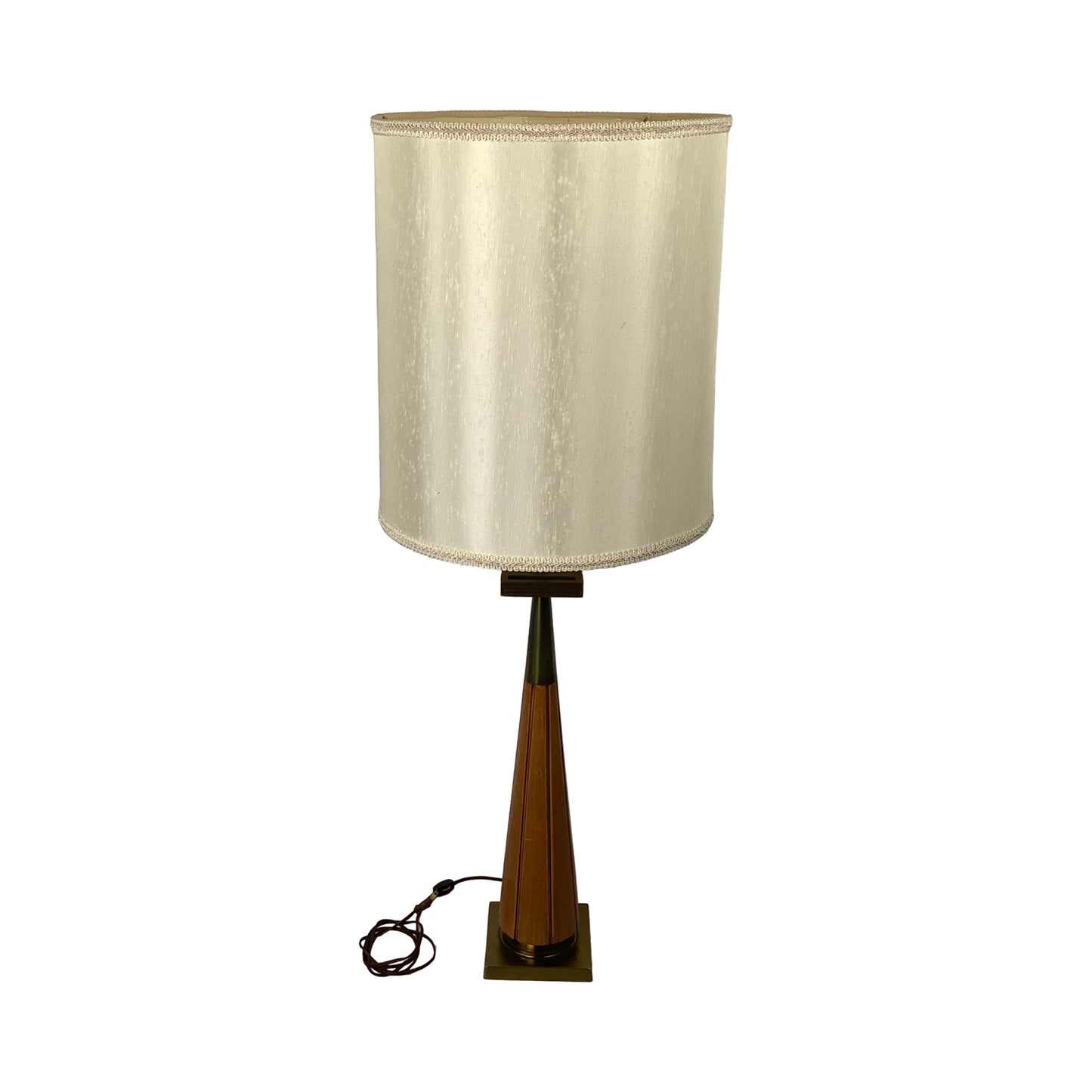 Vintage Mid Century Modern Walnut and Brass Table Lamp with Large Drum Shade