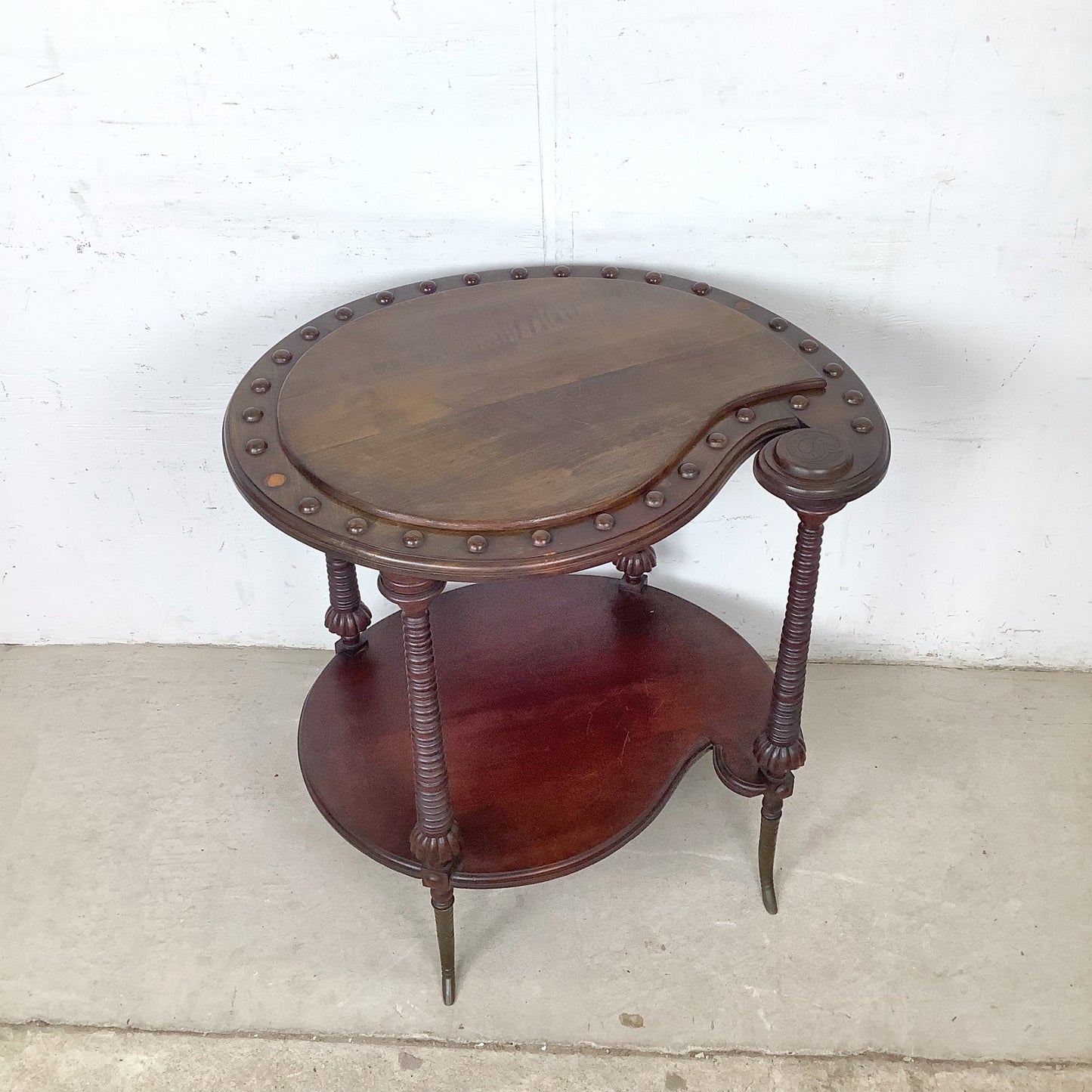 Antique Mahogany Two-Tier Kidney Table | Bobbin Turning | Brass Sabre Feet