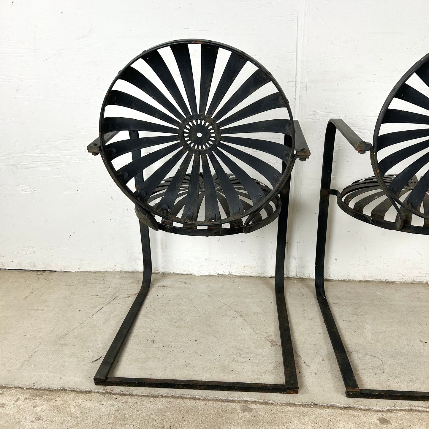Pair of Vintage Black Cantilever Patio Chairs – French Modern Style Attributed to François Carré