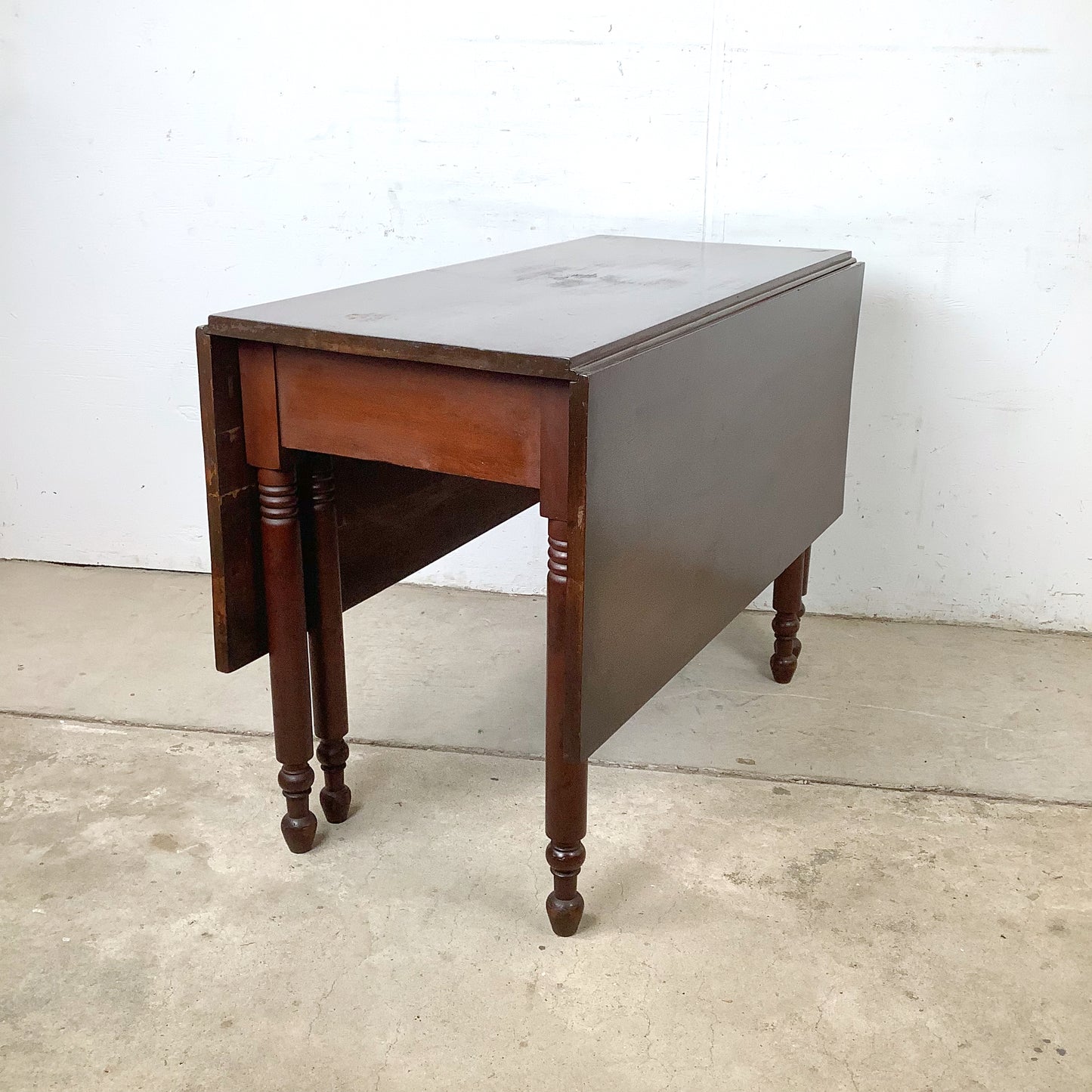 American Empire-Style Walnut Drop-Leaf Gate-Leg Table — Solid Wood, Single Drawer