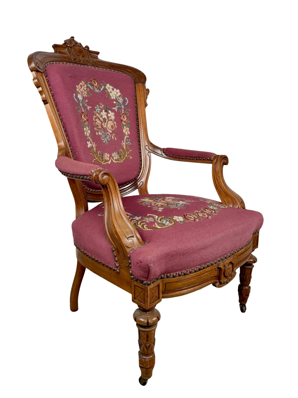 Vintage Renaissance Revival Carved Armchair with Burgundy Floral Upholstery