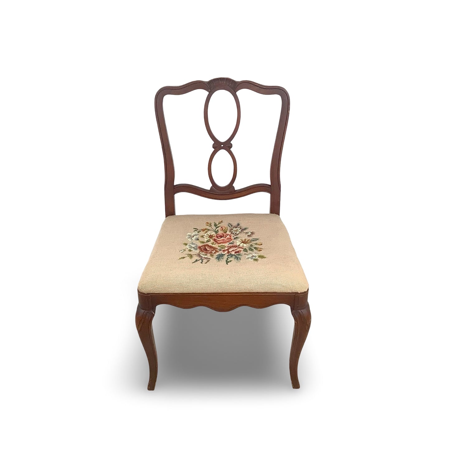 Vintage Queen Anne Style Side Chair with Needlepoint Upholstered Seat