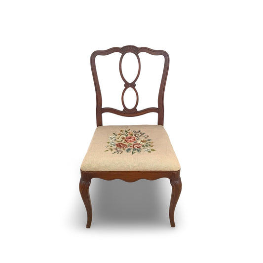 Vintage Queen Anne Style Side Chair with Needlepoint Upholstered Seat