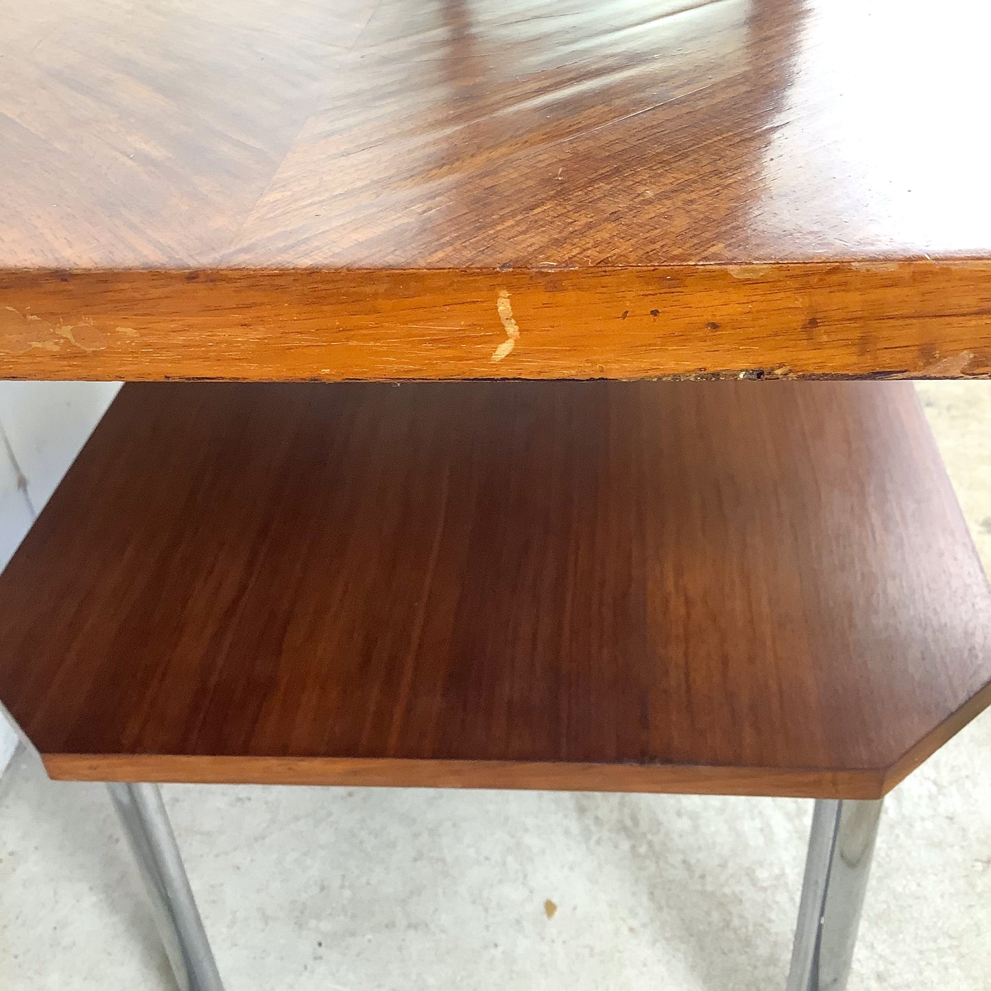 Vintage Modern Coffee Table with Bookmatched Veneer Top and Chrome Base