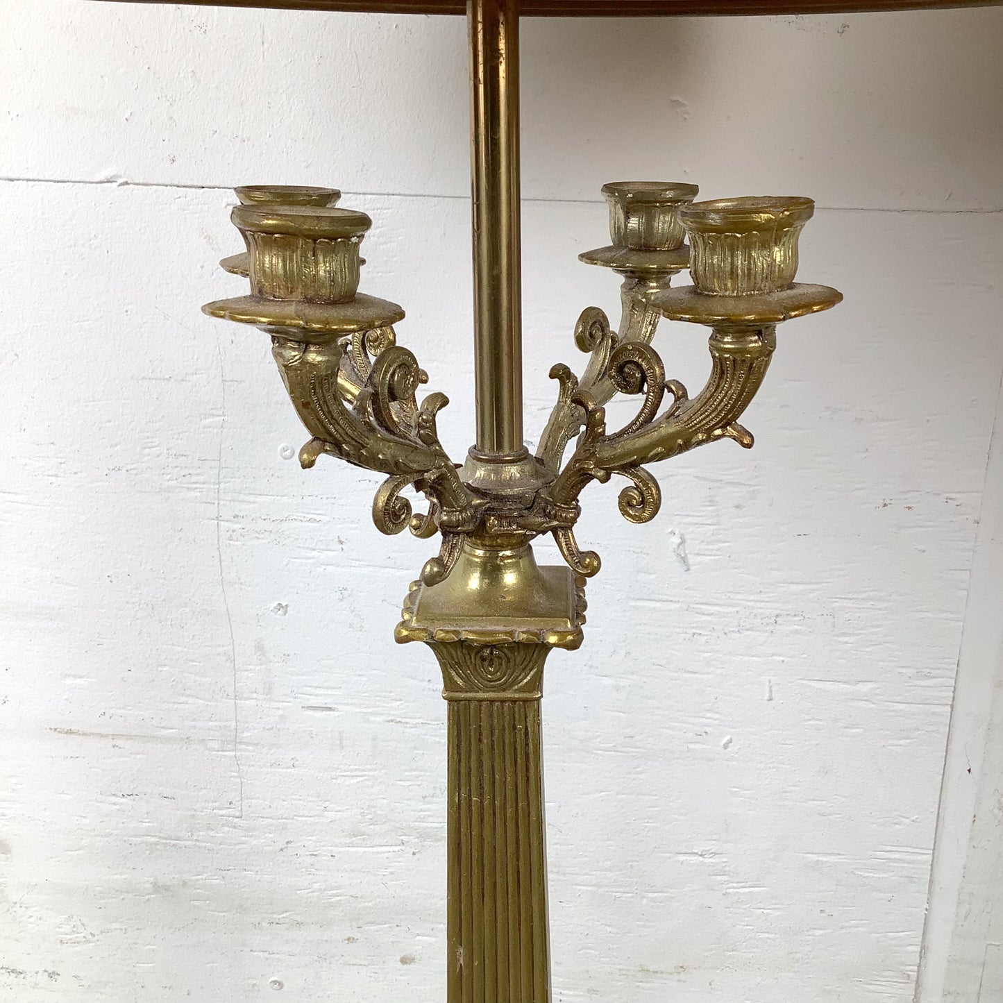 Pair of Neoclassical Brass Table Lamps with Fluted Columns and Ornate Candelabra Tops