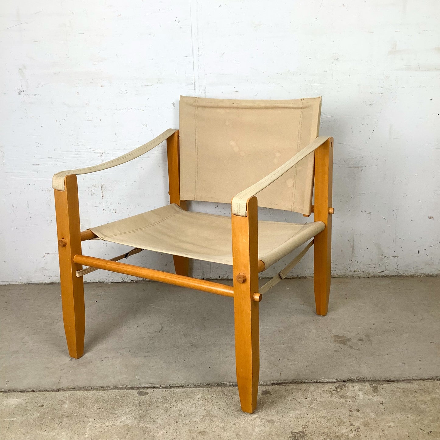 Vintage Scandinavian Style Safari Campaign Lounge Chair with Natural Canvas Sling