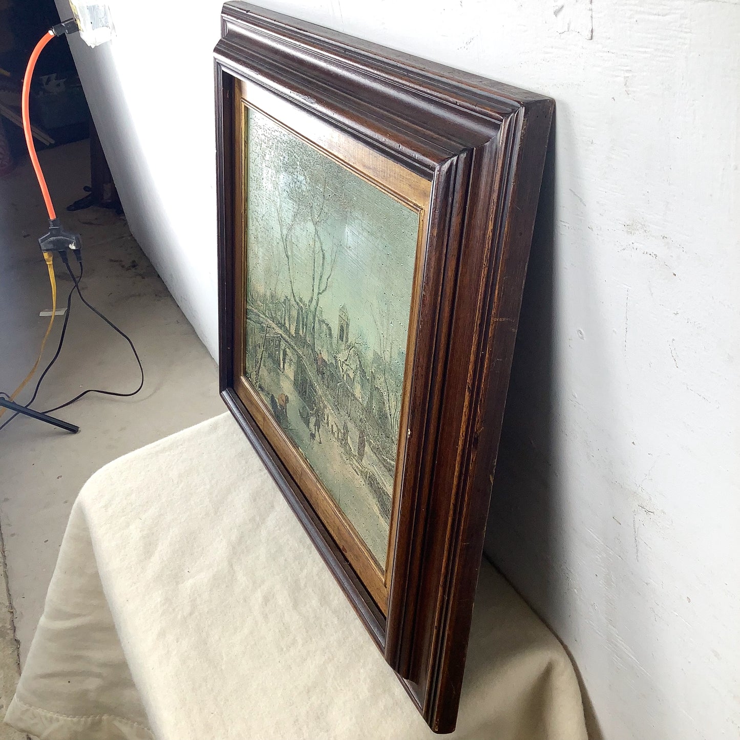 Antique Framed Winter Village Landscape, European Decorative Print