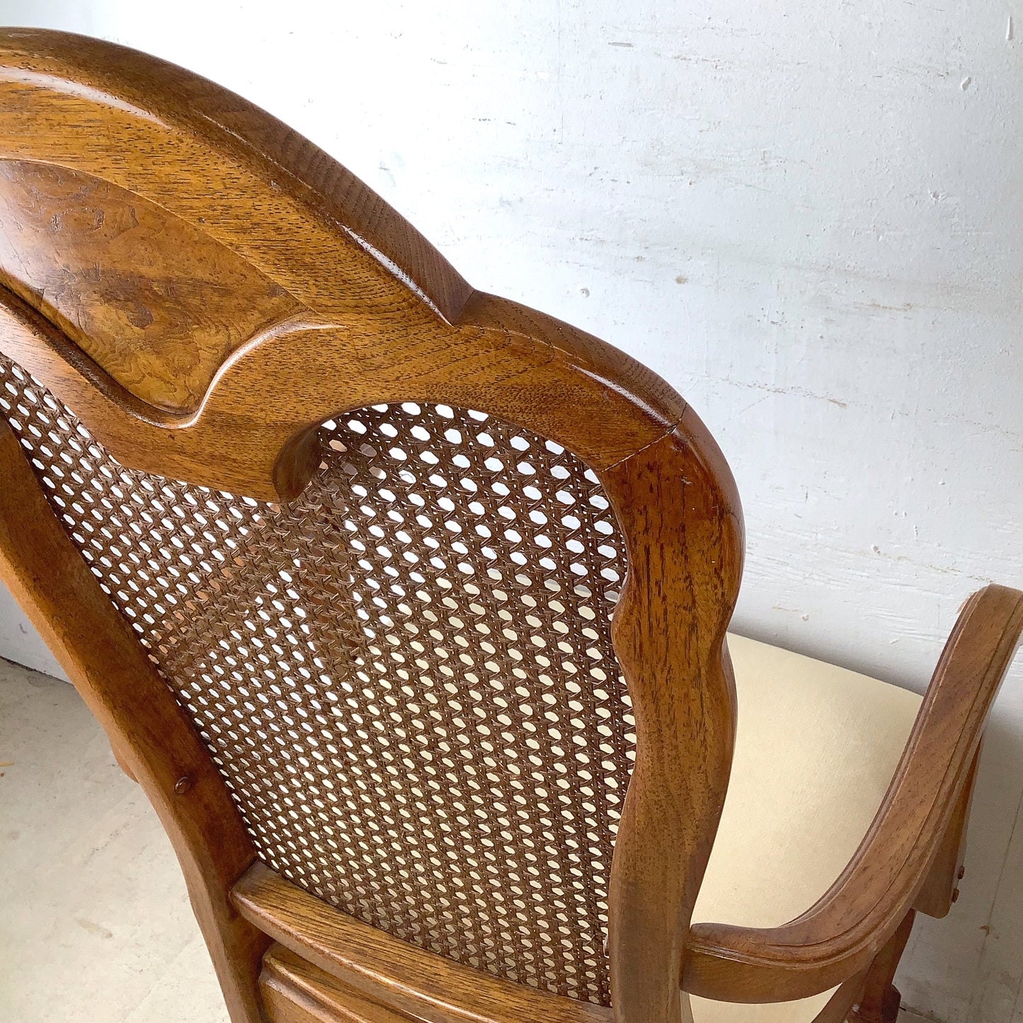 Pair of Vintage Provincial High-Back Cane Armchairs — Walnut, Burlwood Crest, 1970s