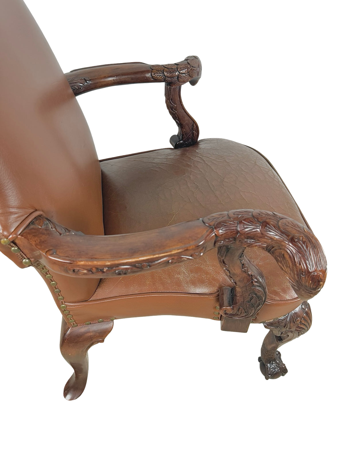 Vintage Maitland-Smith Carved Wood & Brown Leather Armchair
