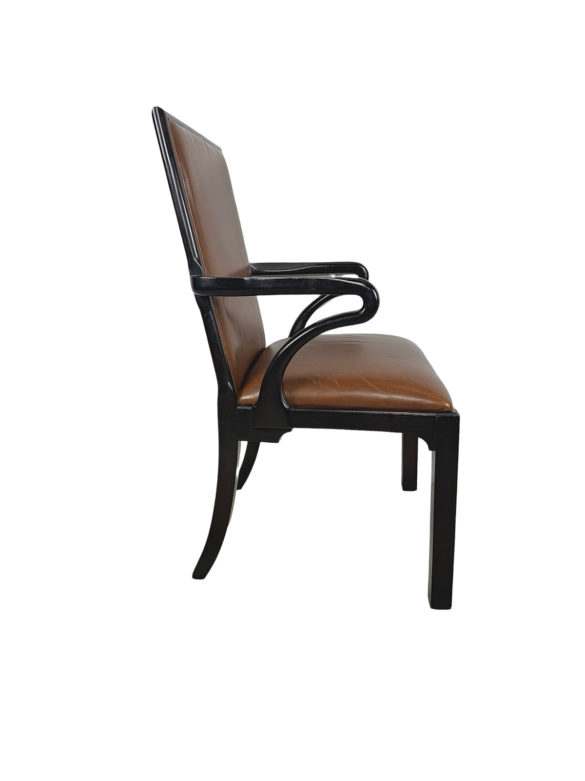 Vintage Baker Furniture Brown Leather & Ebonized Wood Armchair