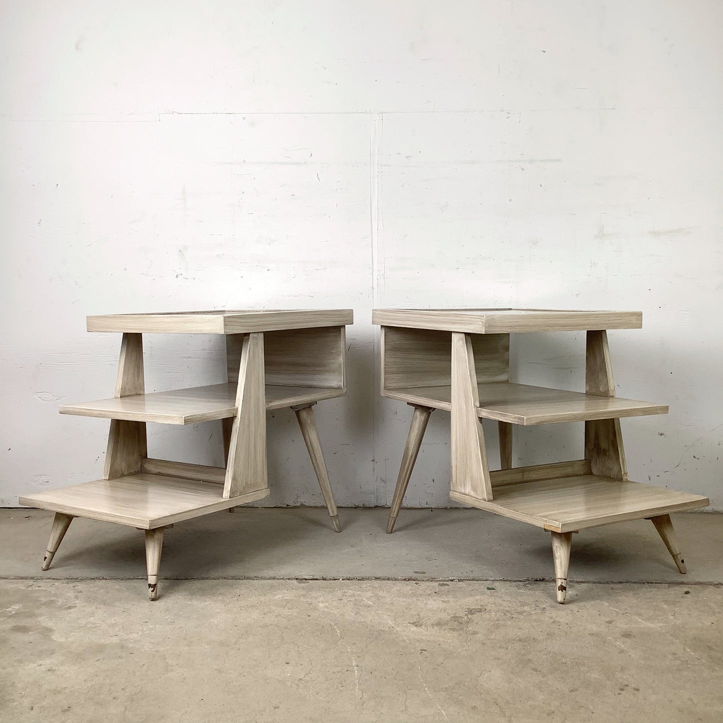 Pair of Vintage Three-Tier Step End Tables | Cerused Finish