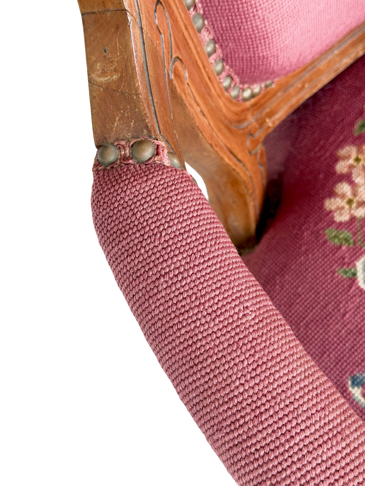 Vintage Renaissance Revival Carved Armchair with Burgundy Floral Upholstery