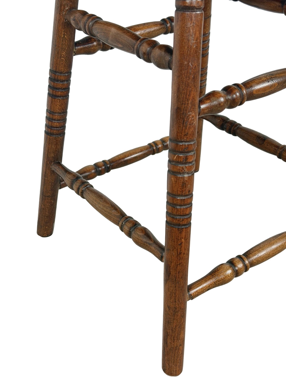 Antique Country Turned-Leg Round Wooden Stool, Primitive Farmhouse
