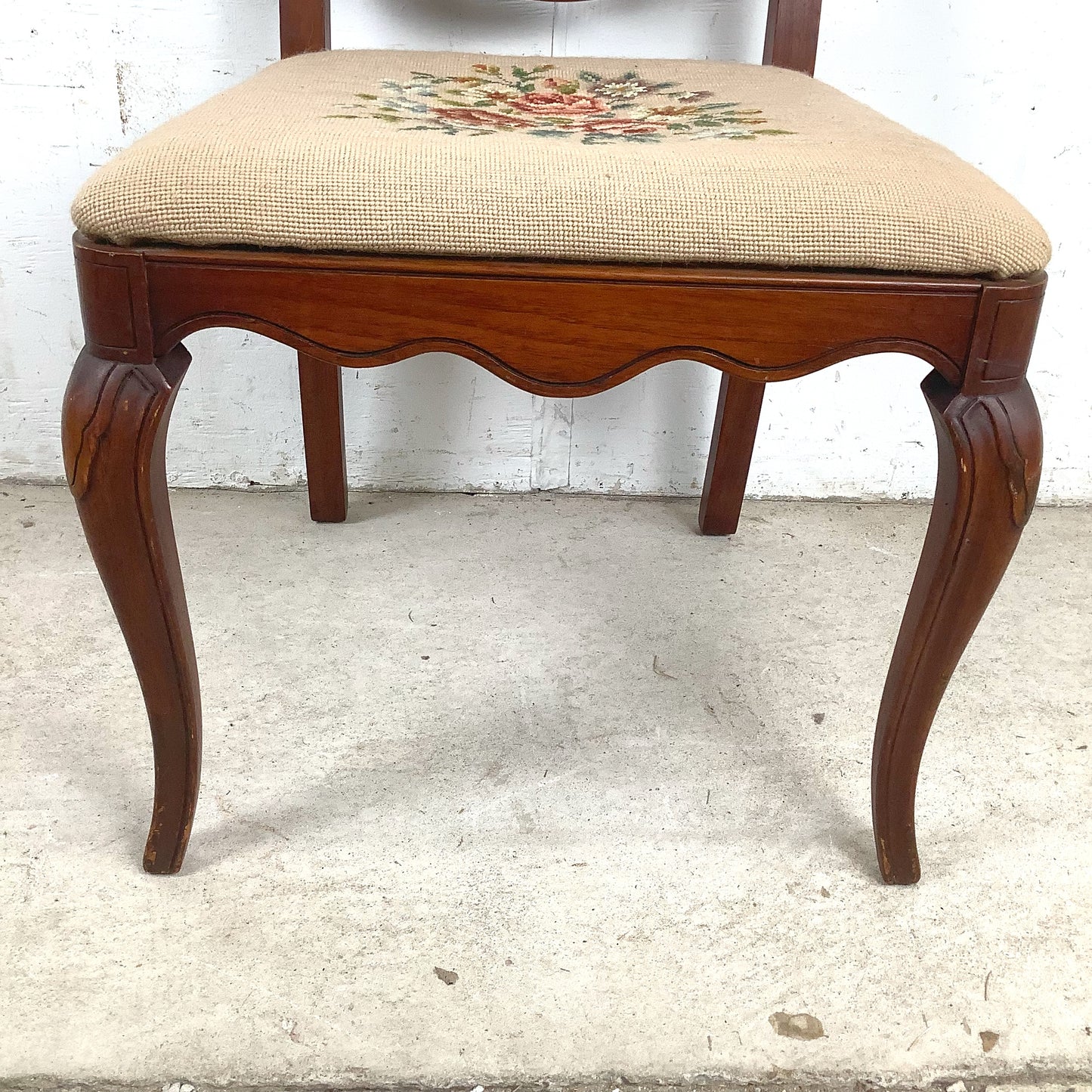 Vintage Queen Anne Style Side Chair with Needlepoint Upholstered Seat