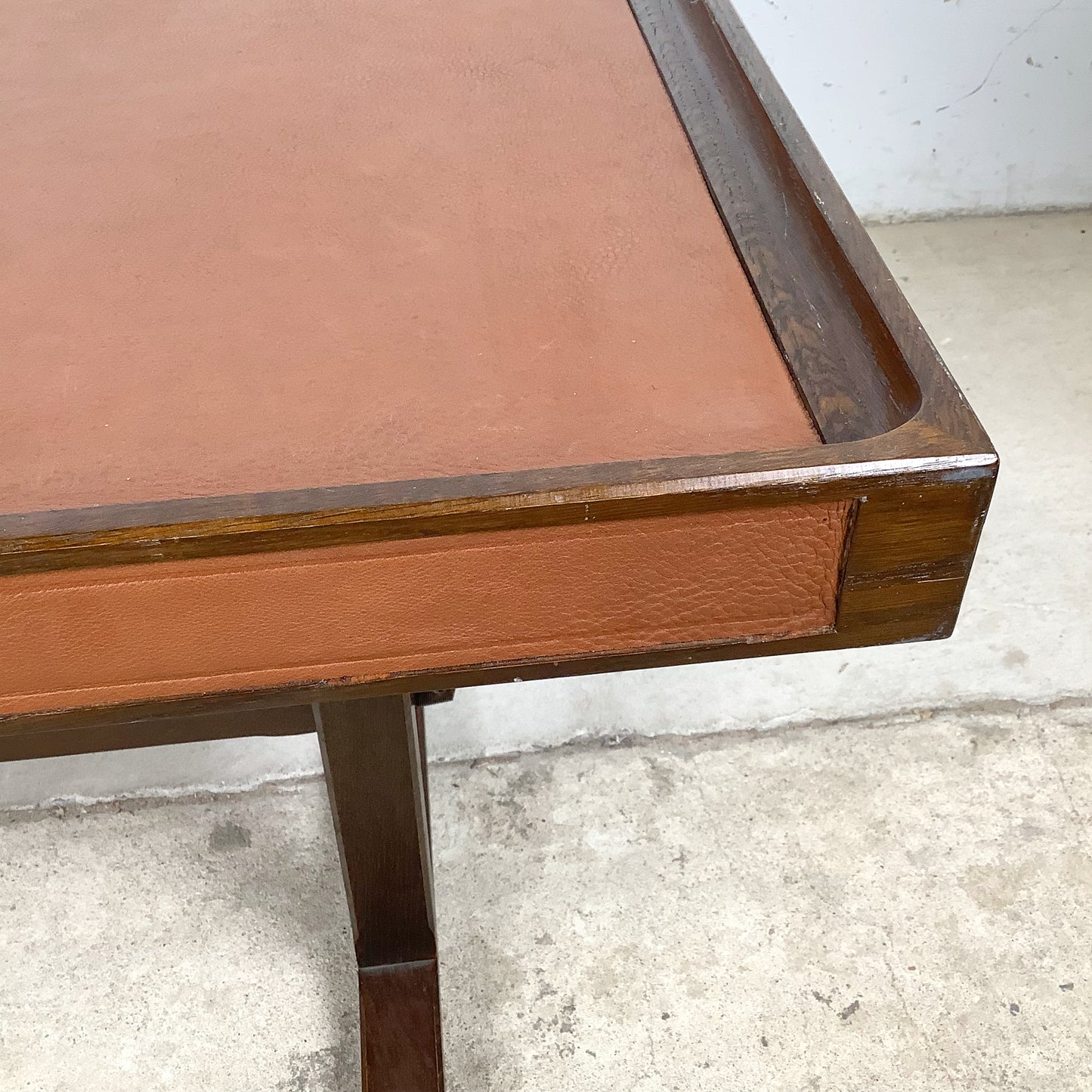 Vintage Studio-Made Square End Table, Leather Top, Architectural Trestle Base, Mid-Century