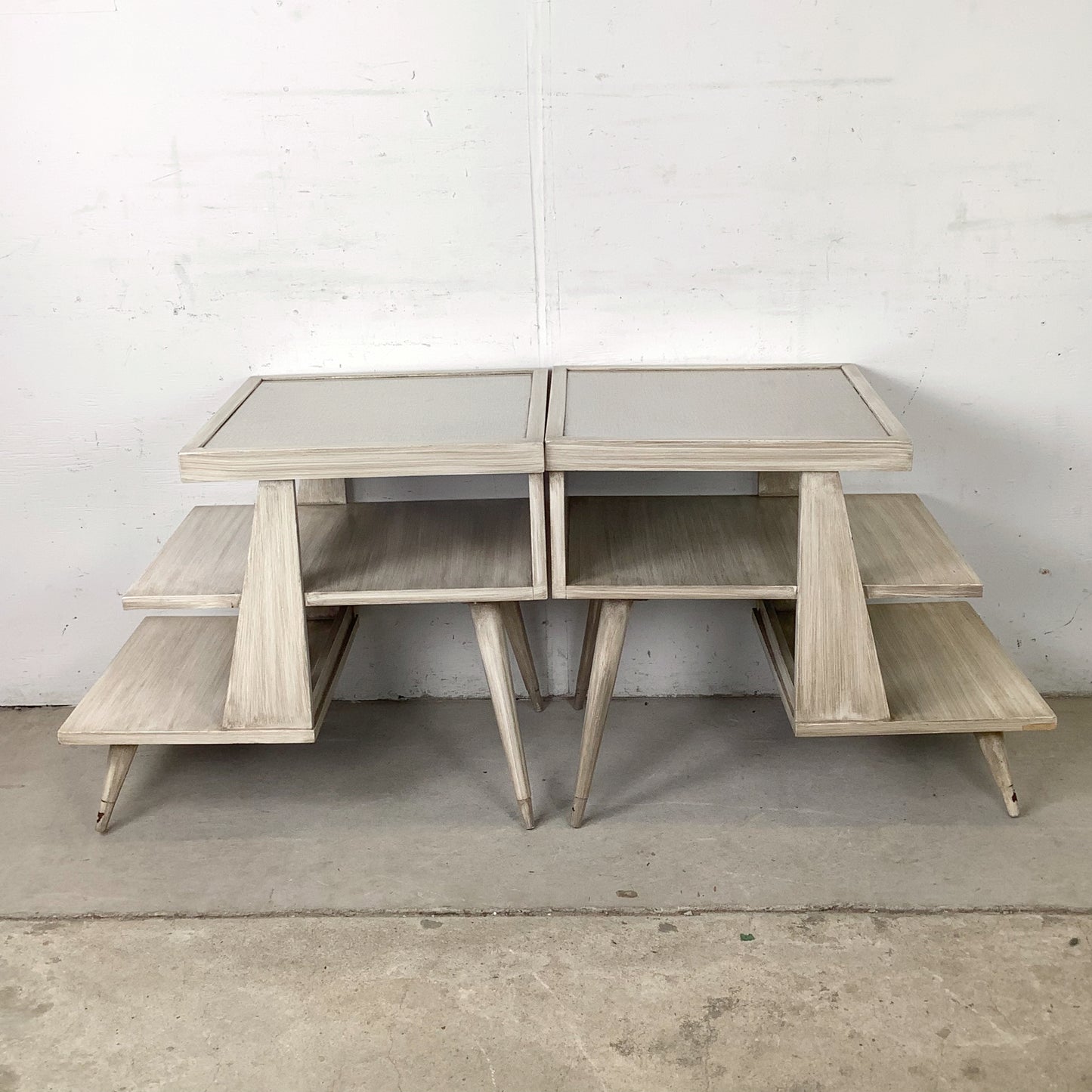 Pair of Vintage Three-Tier Step End Tables | Cerused Finish
