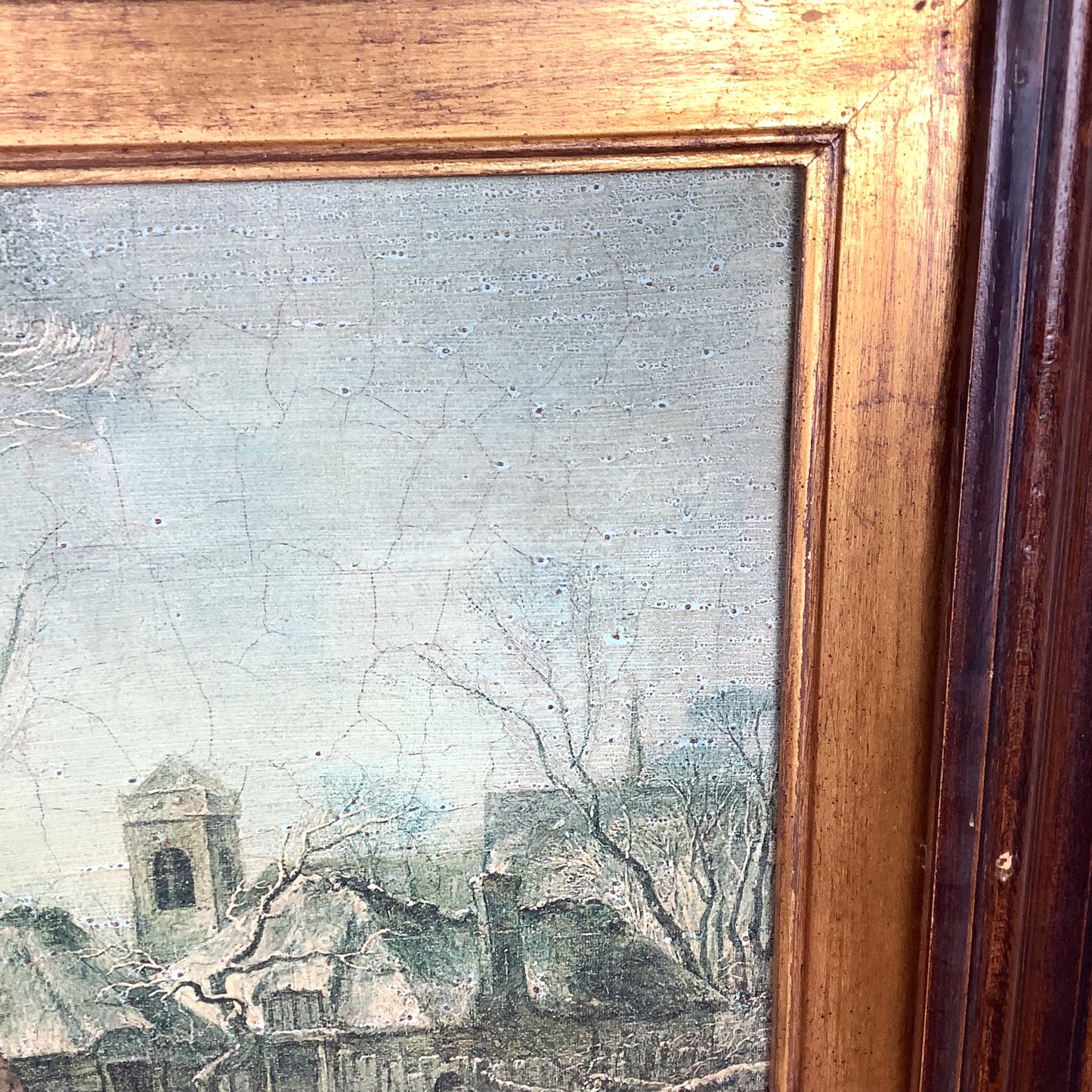Antique Framed Winter Village Landscape, European Decorative Print