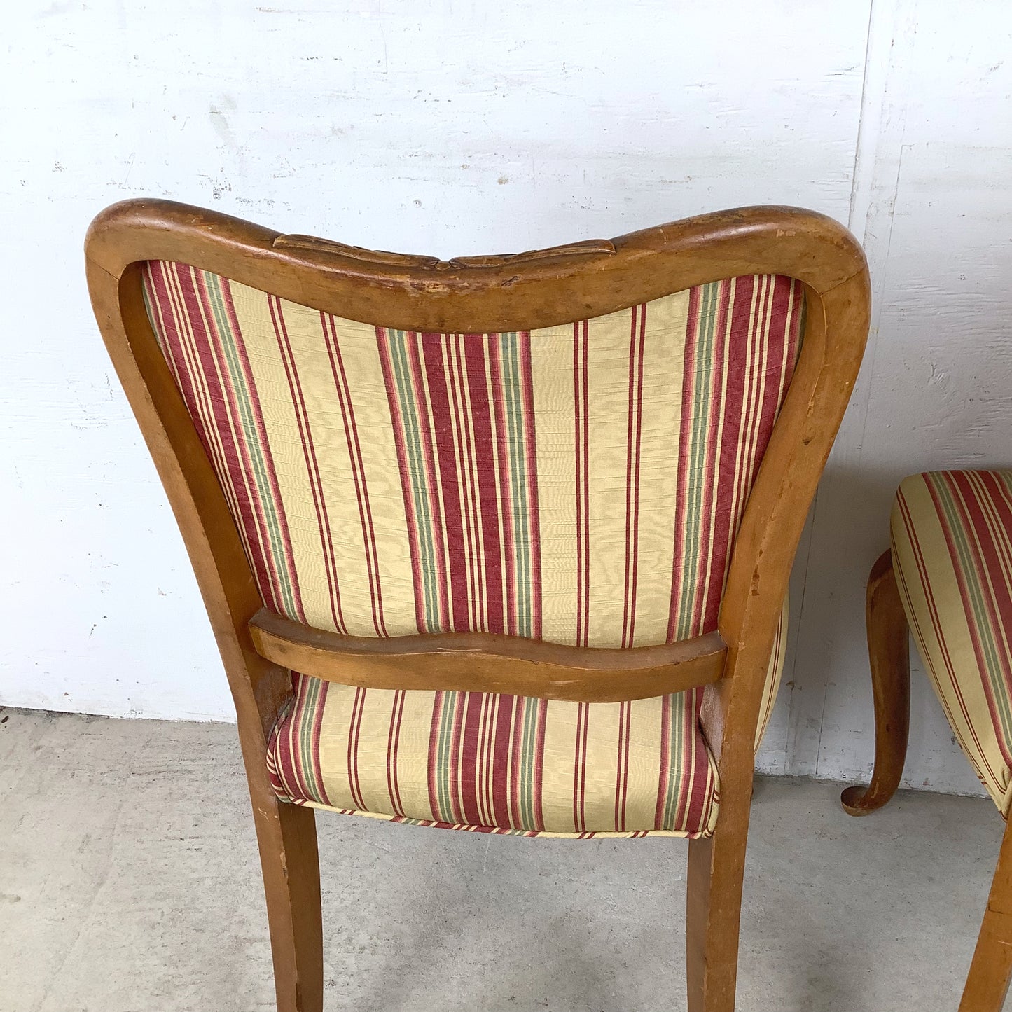 Queen Anne Dining Side Chairs — Set of Four | Walnut Cabriole Legs | Burgundy Stripe Upholstery