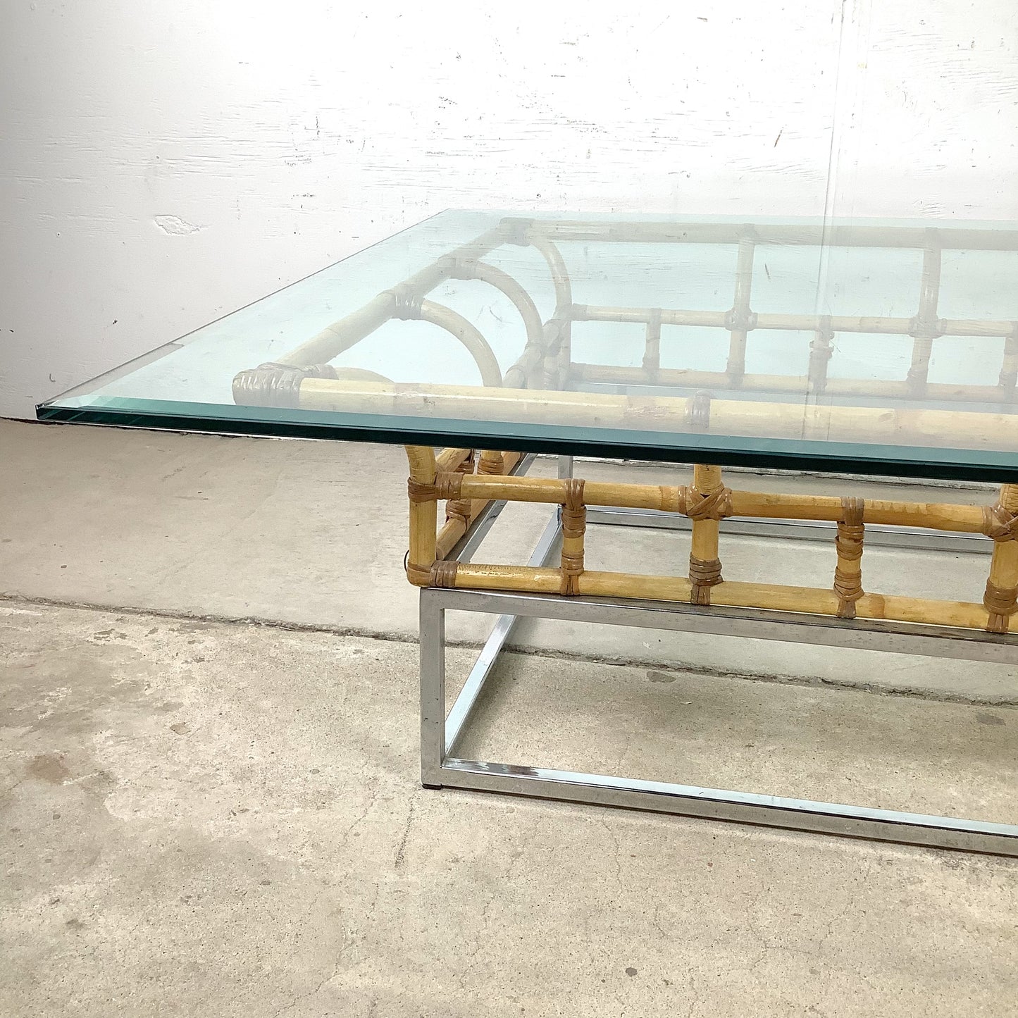 Vintage Hollywood Regency Bamboo, Chrome, and Glass Square Coffee Table