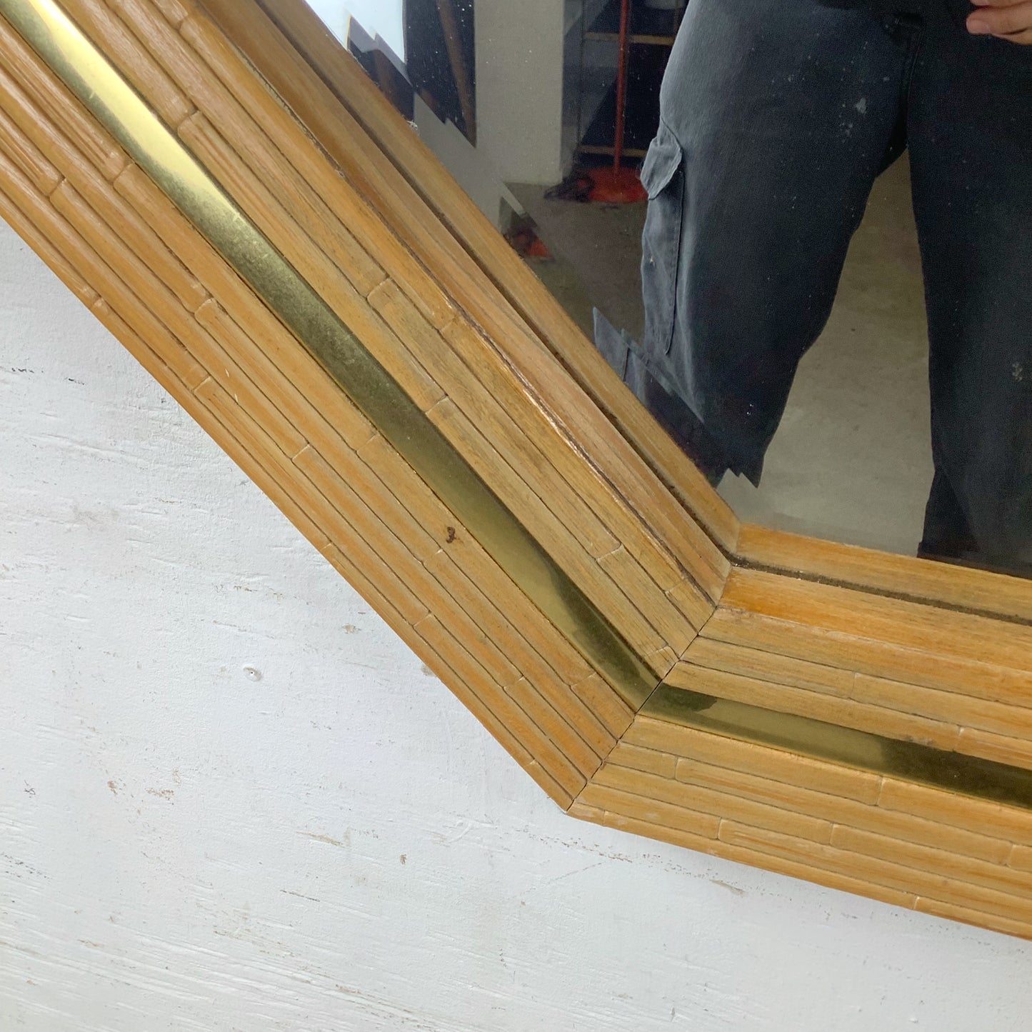 Vintage Modern Boho Octagonal Mirror with Faux Bamboo Wood Frame