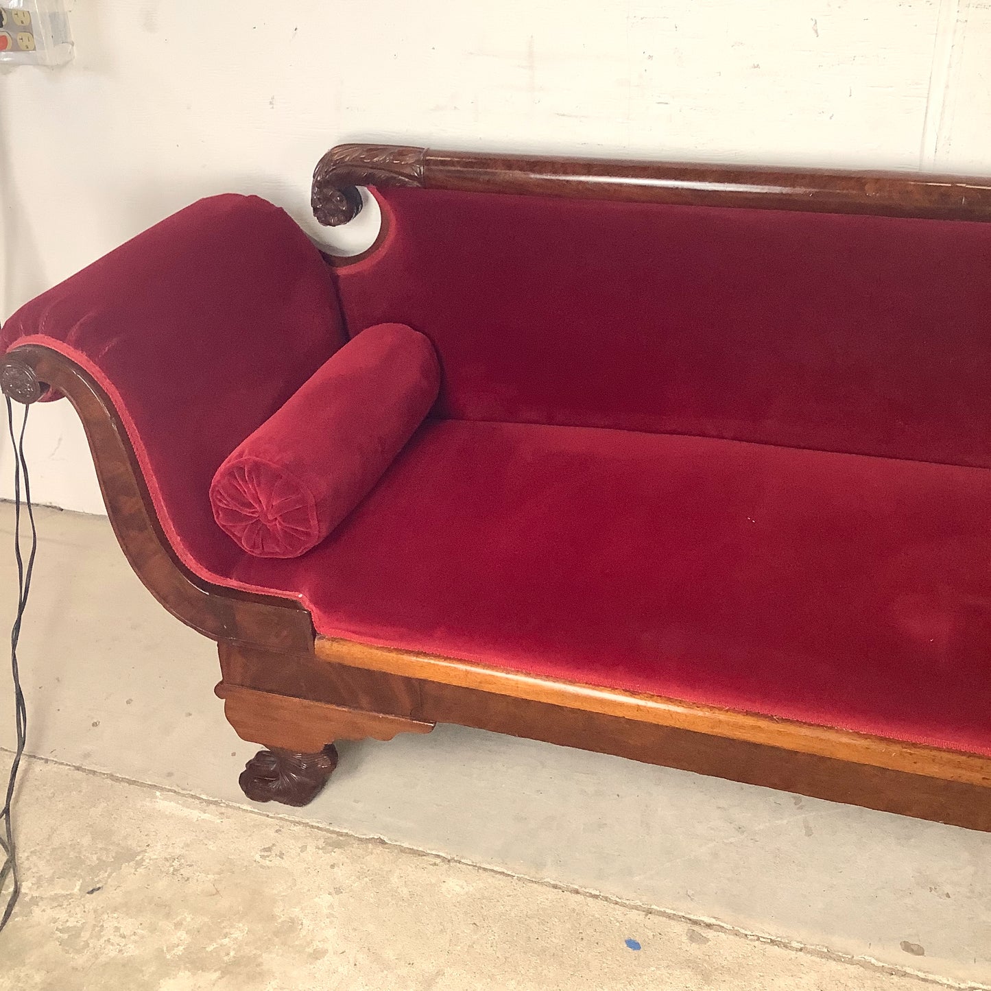 Antique American Empire Revival Mahogany Settee | Scroll Arms Sofa| Carved Paw Feet | Crimson Velvet