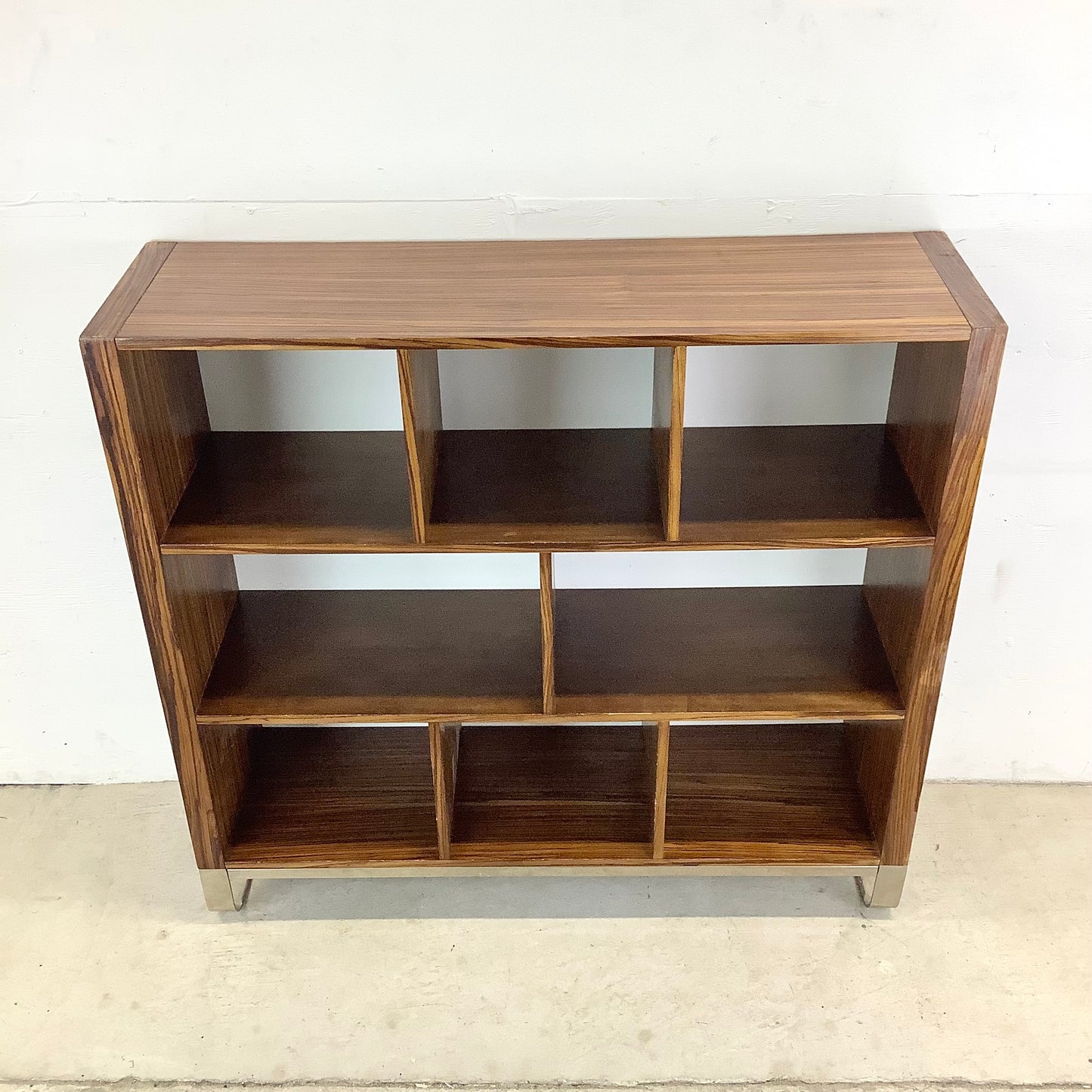 Modern Zebrawood Cube Shelf with Chrome Sled Base