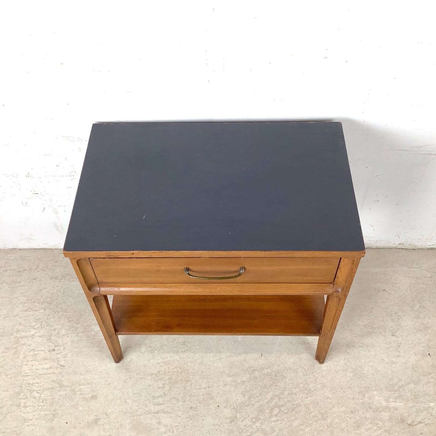 Mid-Century Nightstand with Black Top and Lower Shelf