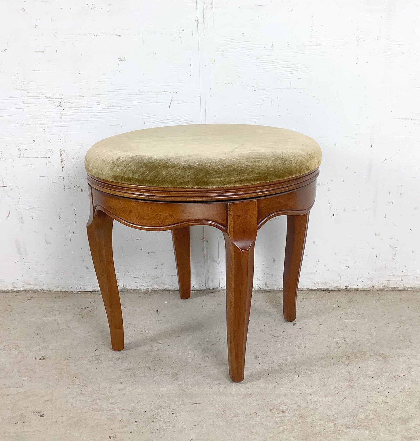Vintage French Provincial Swivel Stool —Sage Velvet, Cabriole Legs, Mid-Century