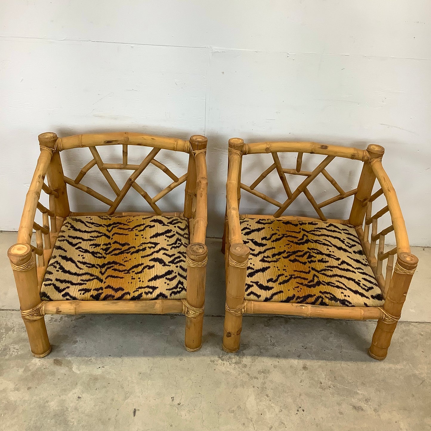 Vintage Bamboo Armchairs & Ottoman in Tiger Print