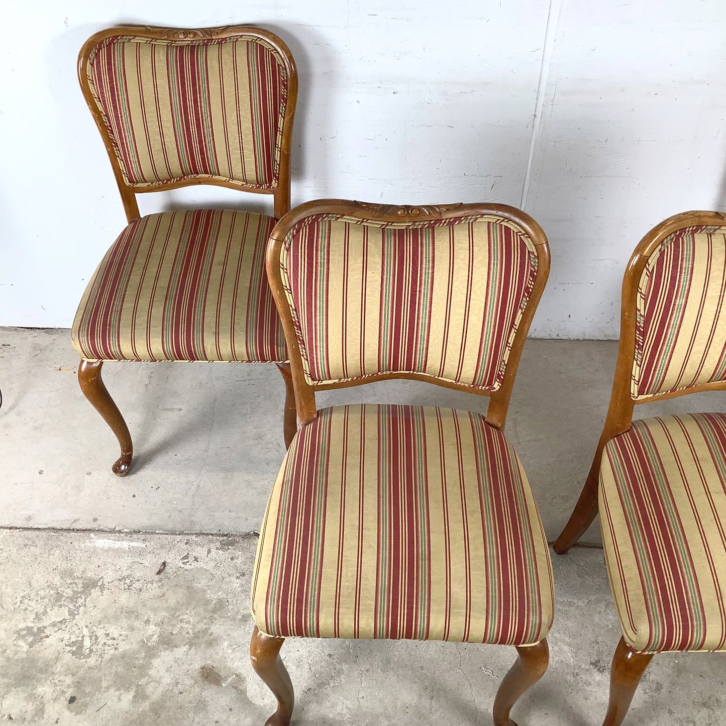Queen Anne Dining Side Chairs — Set of Four | Walnut Cabriole Legs | Burgundy Stripe Upholstery