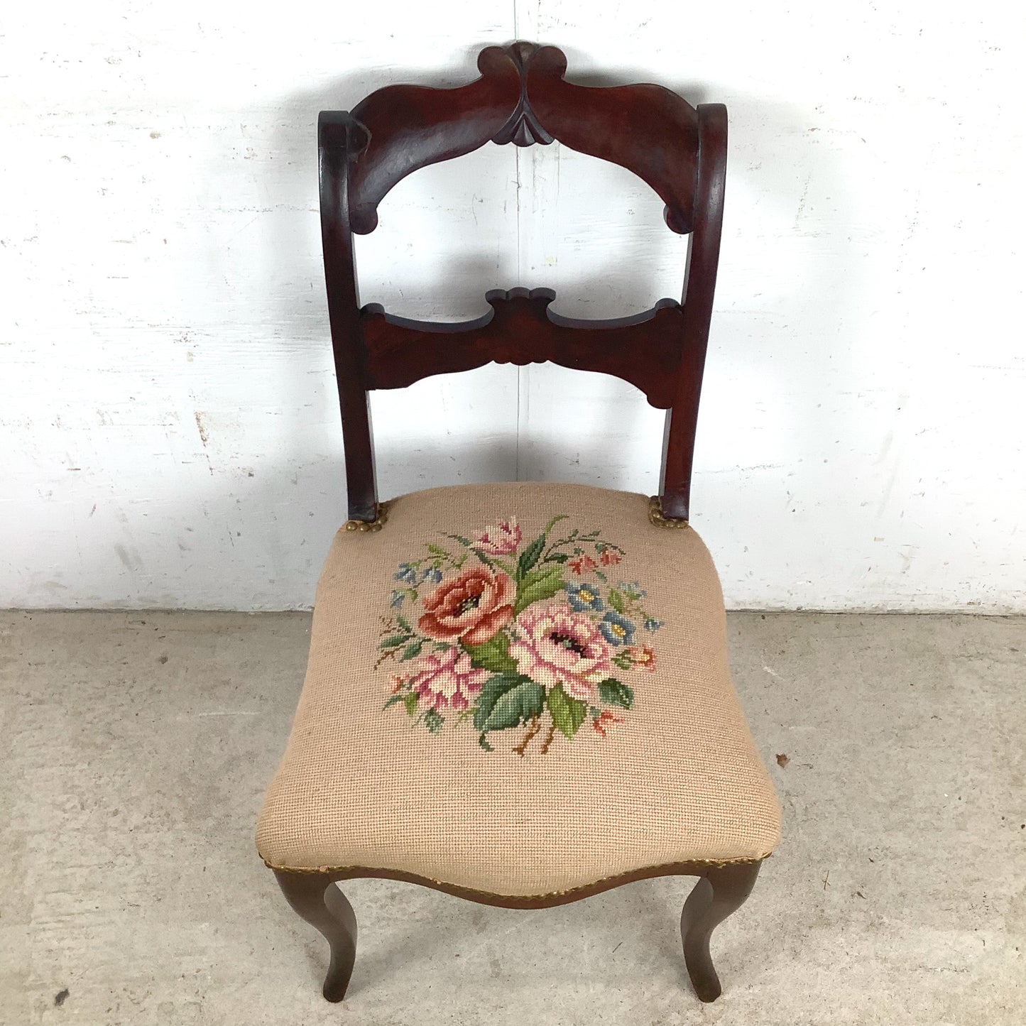  Vintage Chippendale Style Mahogany Side Chair with Floral Needlepoint Upholstered Seat