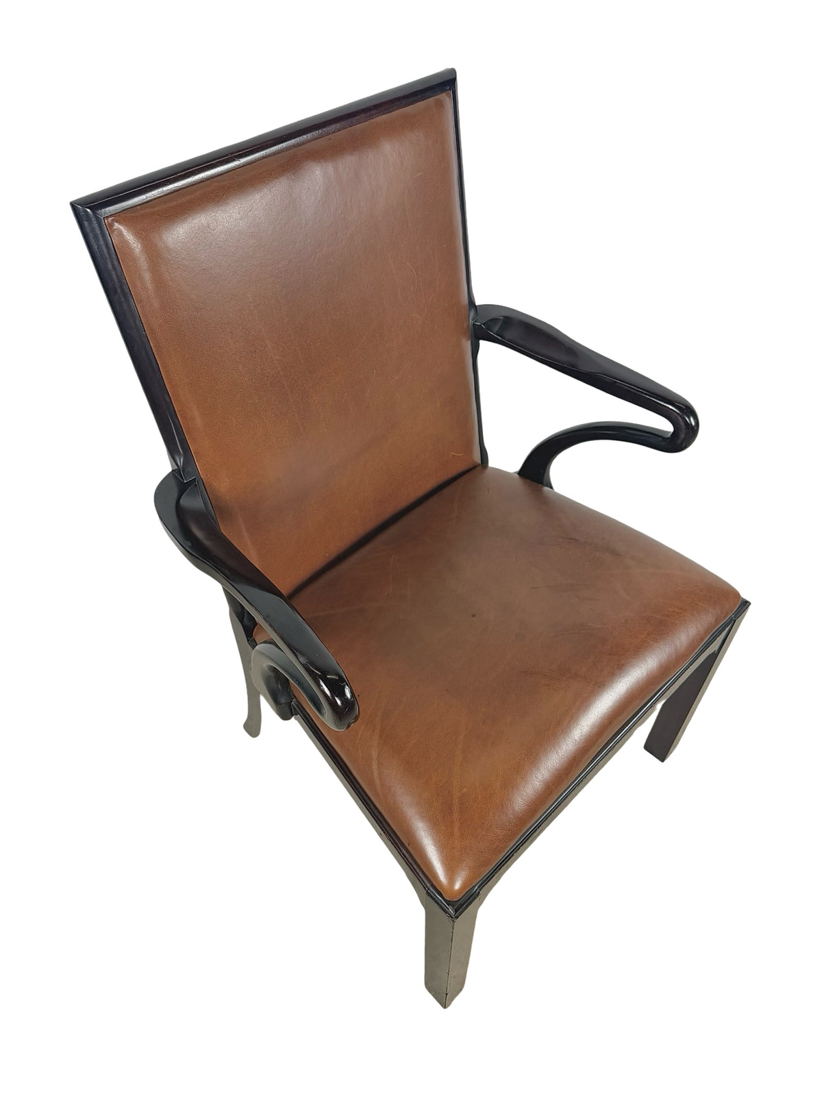 Vintage Baker Furniture Brown Leather & Ebonized Wood Armchair