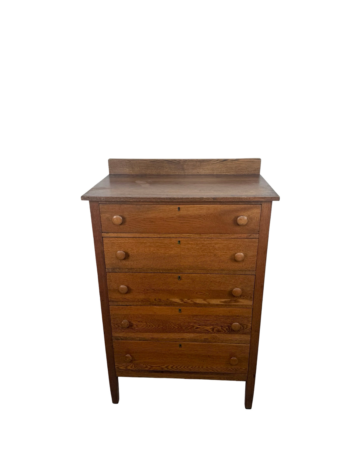 Antique Early 1900s Oak Five-Drawer Tall Chest of Drawers