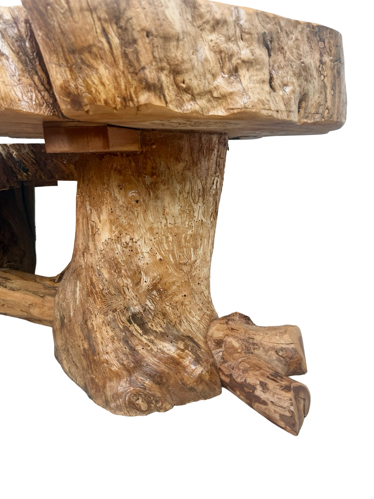 Vintage Two-Tier Live Edge Wood Coffee Table with Sculptural Trunk Base