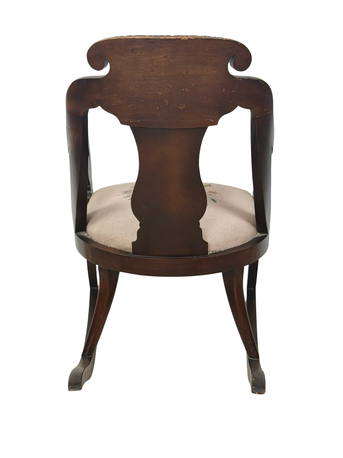 Antique American Classical Carved Wood Rocking Chair with Floral Needlepoint Seat