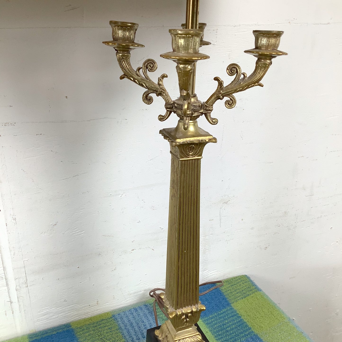 Pair of Neoclassical Brass Table Lamps with Fluted Columns and Ornate Candelabra Tops