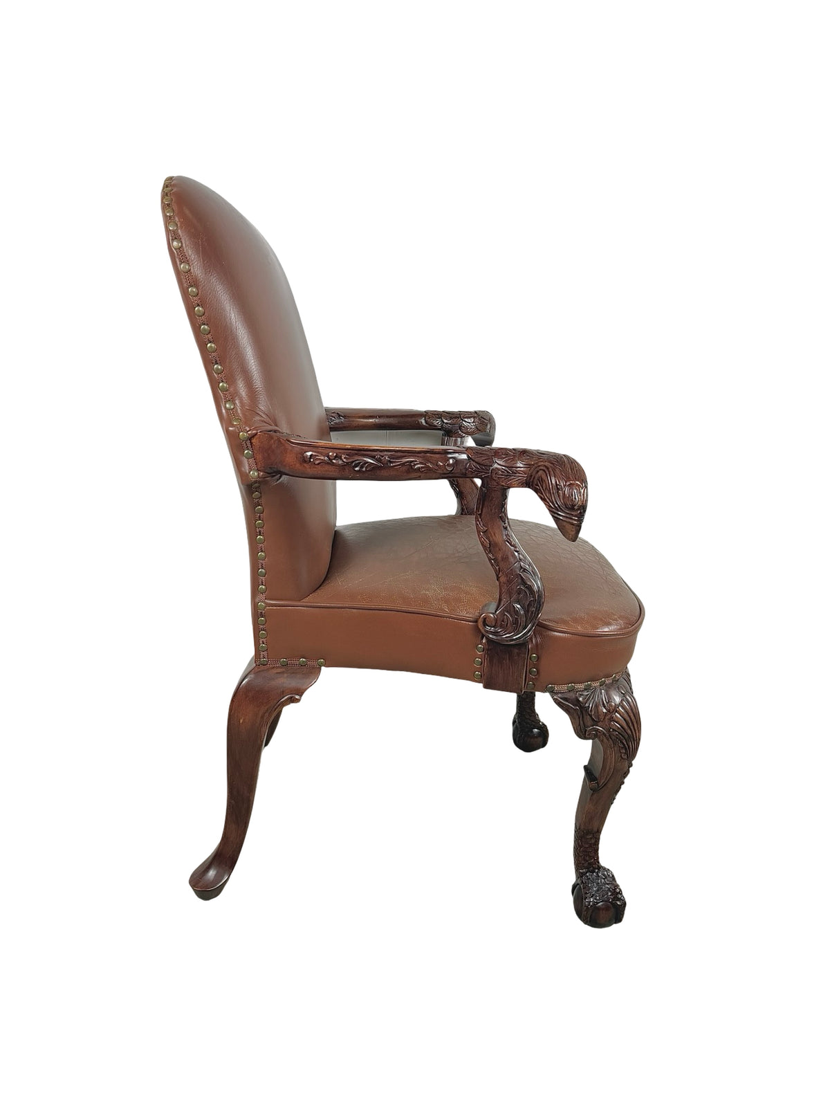Vintage Maitland-Smith Carved Wood & Brown Leather Armchair