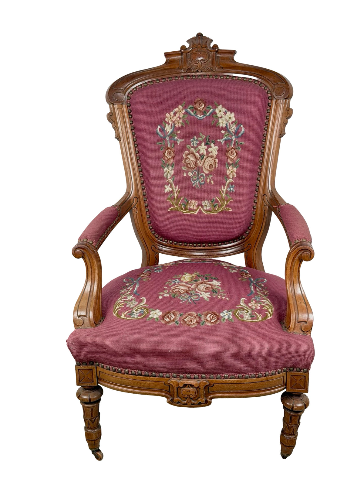 Vintage Renaissance Revival Carved Armchair with Burgundy Floral Upholstery