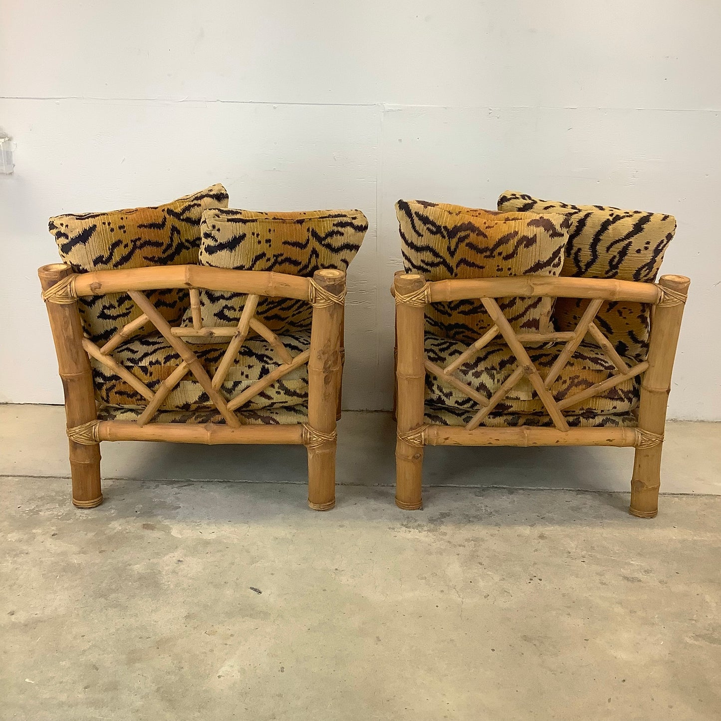 Vintage Bamboo Armchairs & Ottoman in Tiger Print