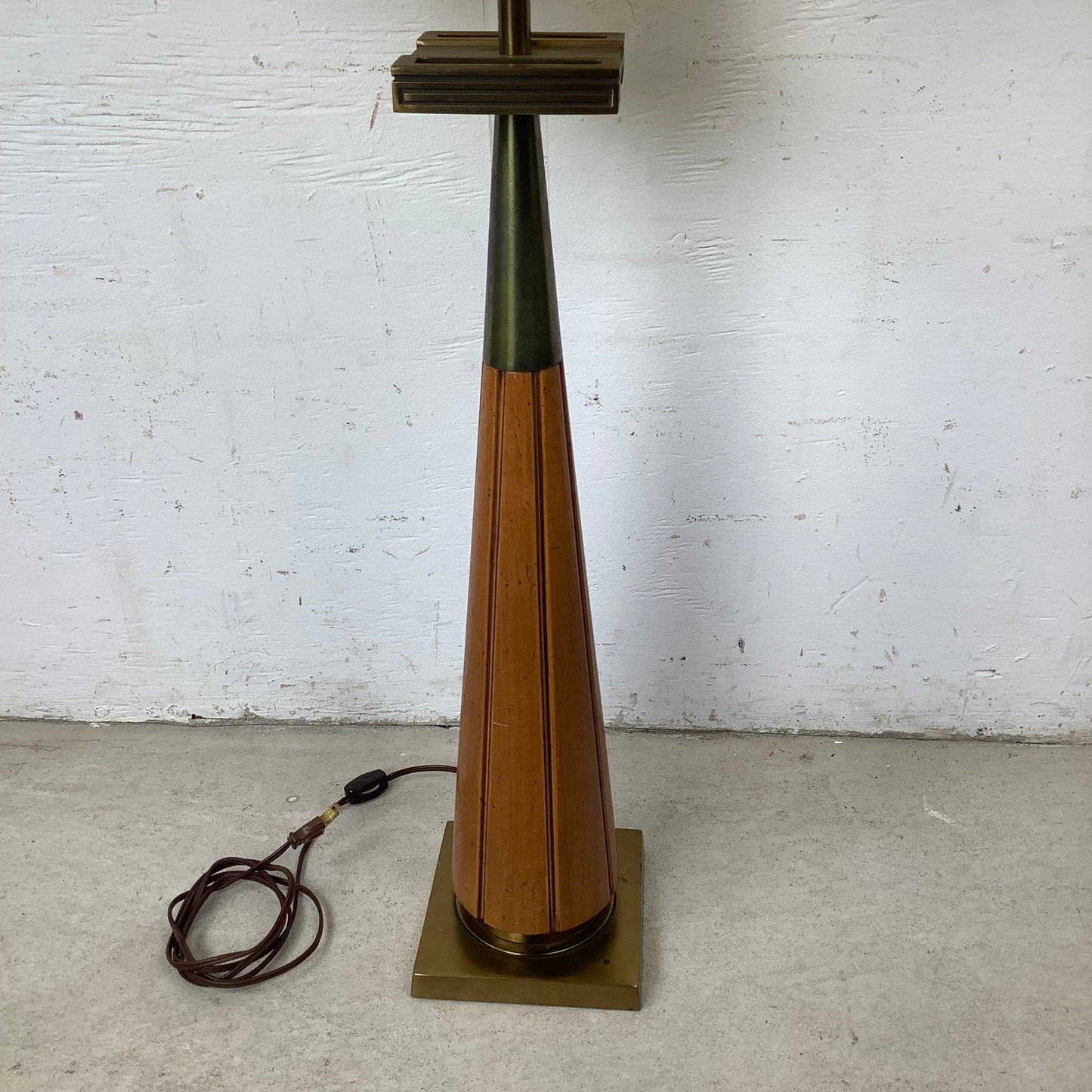 Vintage Mid Century Modern Walnut and Brass Table Lamp with Large Drum Shade