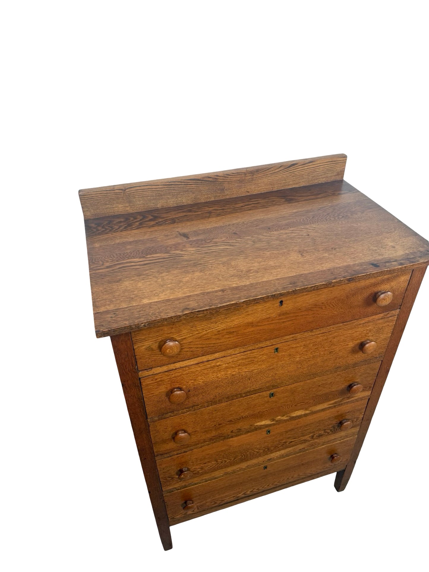 Antique Early 1900s Oak Five-Drawer Tall Chest of Drawers