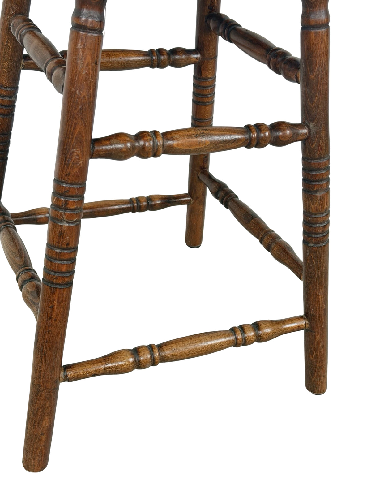 Antique Country Turned-Leg Round Wooden Stool, Primitive Farmhouse