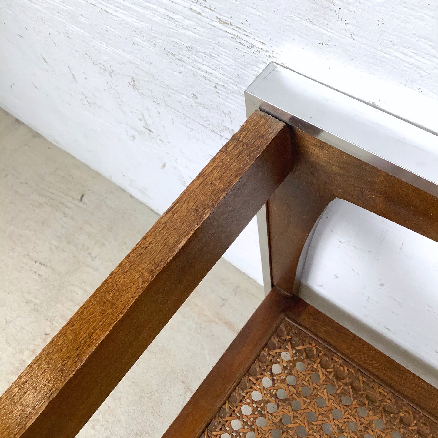 Lane Mid-Century End Table with Smoked Glass, Cane, and Wood Frame
