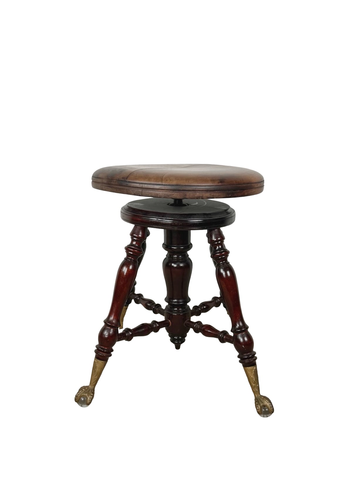 Antique Adjustable Piano Stool with Glass Ball-and-Claw Feet