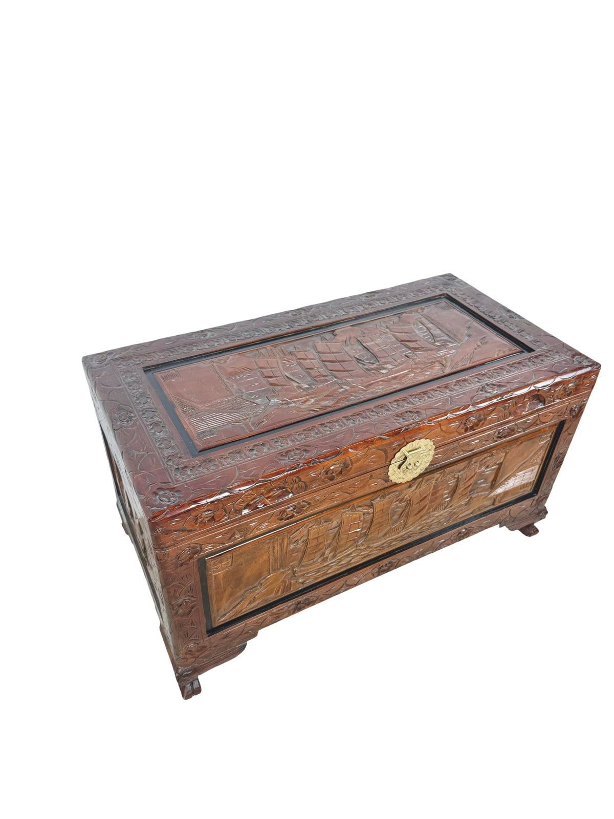 Vintage Asian Carved Wood Storage Chest with Figural Relief Carvings