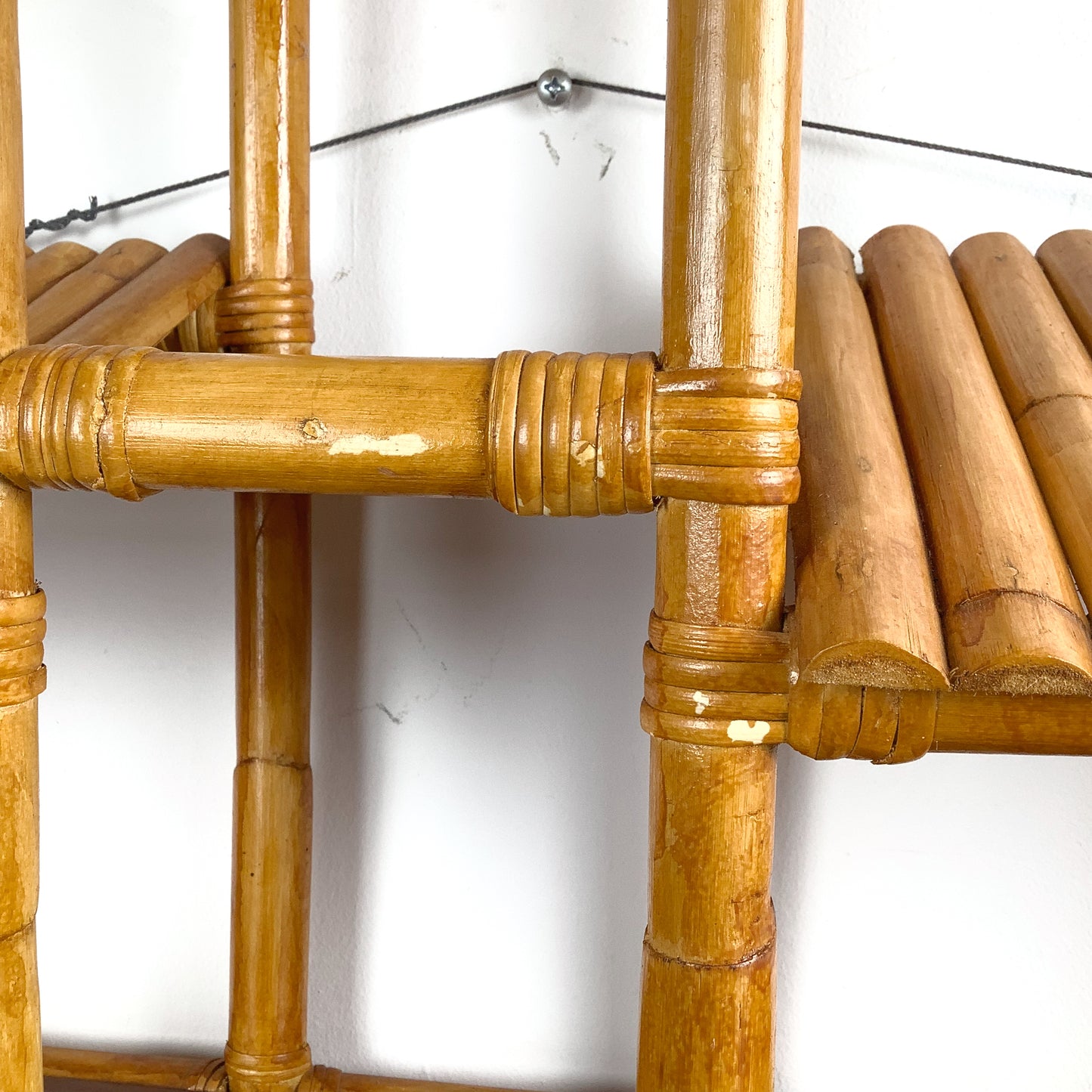 Vintage Bamboo & Rattan Stepped Hanging Wall Shelf | Paul Frankl Skyscraper Style | 1970s Boho Tropical