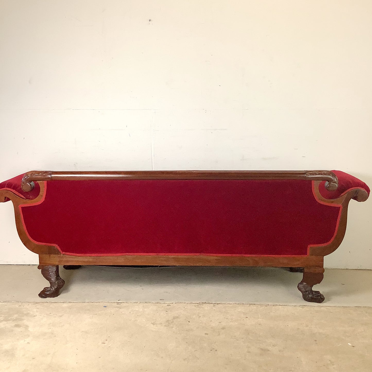 Antique American Empire Revival Mahogany Settee | Scroll Arms Sofa| Carved Paw Feet | Crimson Velvet
