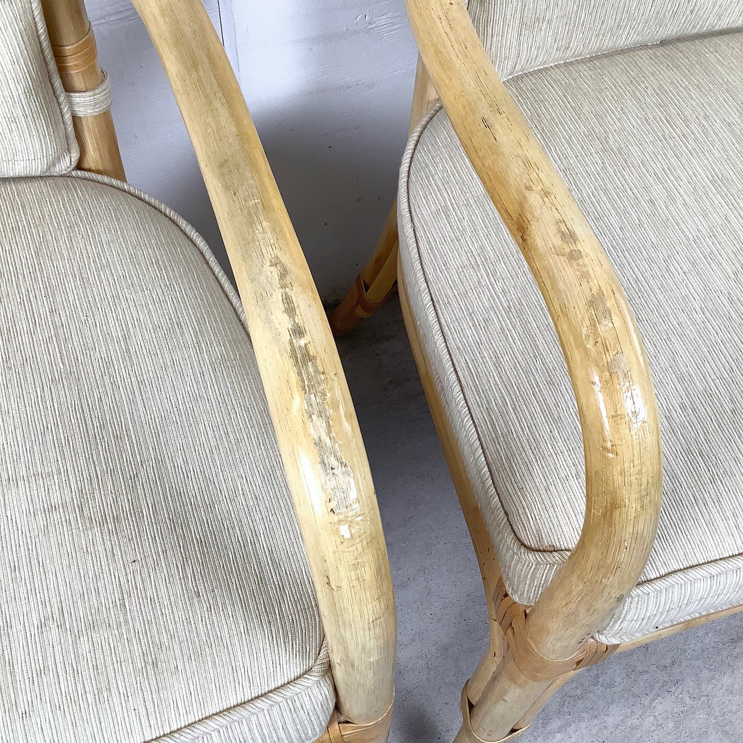 Vintage Henredon Rattan Armchairs, Pair with Cushions, Honey Tone